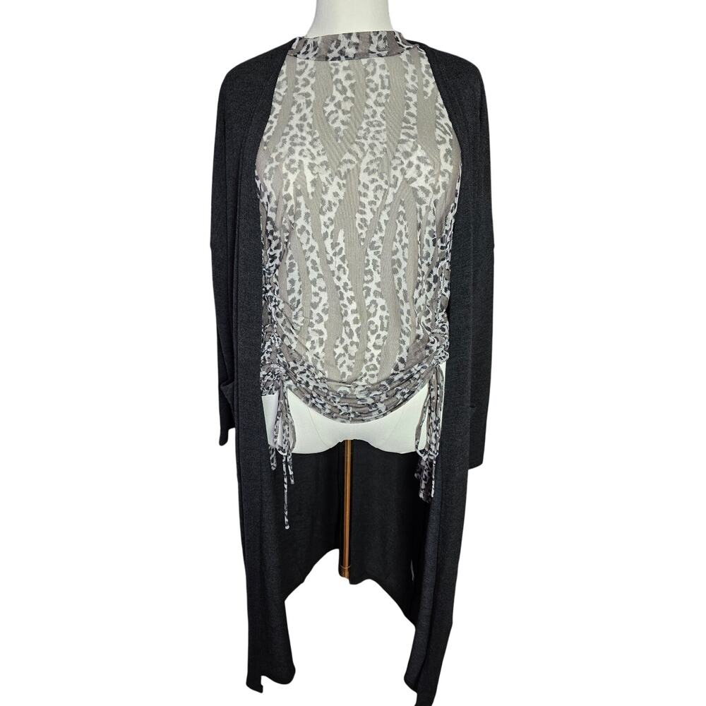 Womens 3X Outfit Bundle Black Duster Cardigan + Animal Print Mesh Top Plus Size